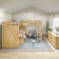Children's bedroom with light-wood bunk bed featuring stairs and ladder, blue patterned area rug, cozy beanbag, light wood dresser and potted plants in an airy neutral farmhouse-style room with natural window light.