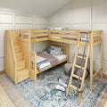 Natural wood L-shaped bunk bed with built-in storage stairs and ladder in modern children's bedroom with patterned rug and bean bag
