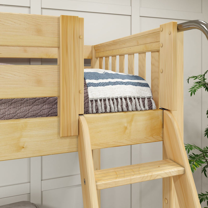 Close-up of natural pine loft bed ladder and upper bunk with blue-striped blanket and slatted guardrail in a modern bedroom