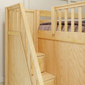 Light wood loft bed with built-in storage staircase drawers and safety rail, brown quilted bedding — space-saving kids bunk bed for children's bedroom