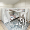 White L-shaped bunk bed with built-in storage stairs and ladder in a cozy children's bedroom with patterned area rug and neutral paneled walls