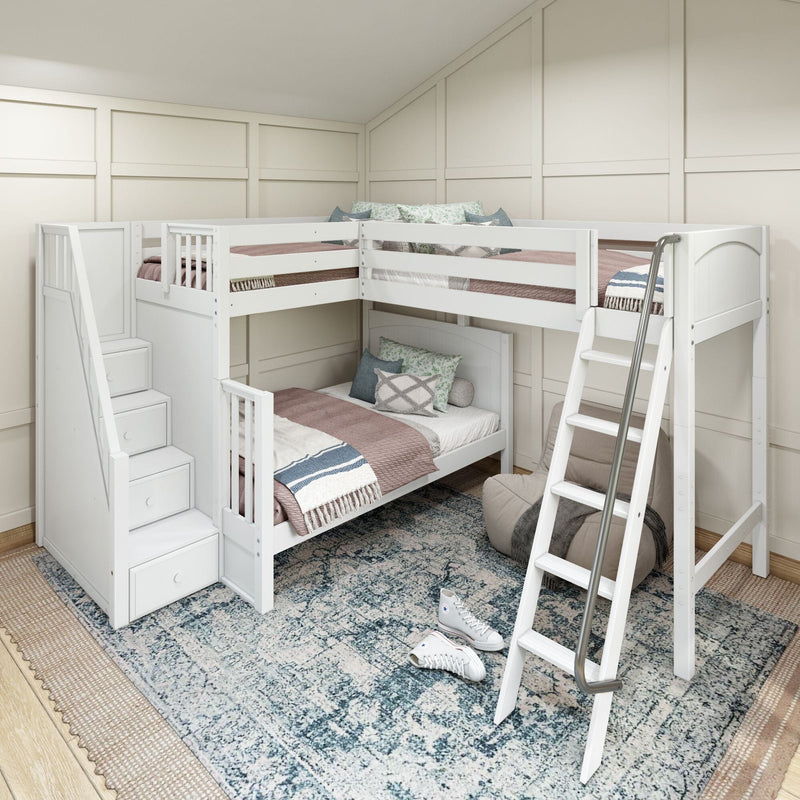 White L-shaped bunk bed with built-in storage stairs and ladder in a cozy children's bedroom with patterned area rug and neutral paneled walls