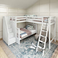 White L-shaped loft bunk bed with built-in storage stairs and ladder, twin-over-full beds styled with pink and blue bedding, patterned area rug and beanbag in a cozy kids' bedroom