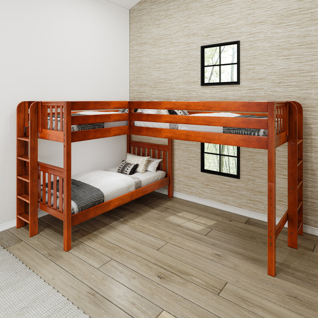 TRIFID 1 CS : Multiple Bunk Beds Twin Medium Corner Loft Bunk with Straight Ladders on Ends, Slat, Chestnut