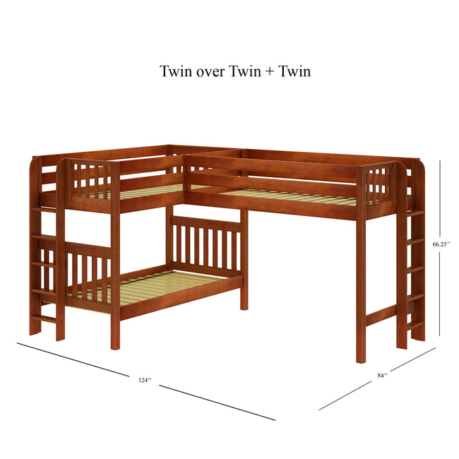 TRIFID 1 CS : Multiple Bunk Beds Twin Medium Corner Loft Bunk with Straight Ladders on Ends, Slat, Chestnut