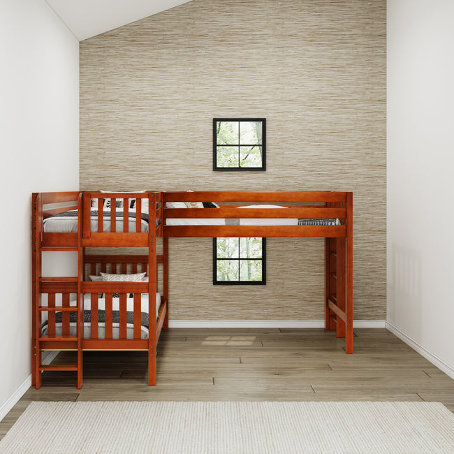 TRIFID 1 CS : Multiple Bunk Beds Twin Medium Corner Loft Bunk with Straight Ladders on Ends, Slat, Chestnut