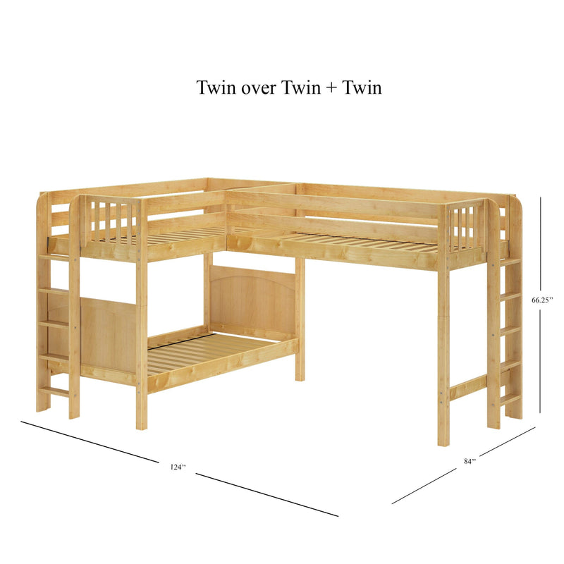 L-shaped natural wood twin bunk bed (Twin over Twin + Twin) corner loft with ladders and slatted platforms, space-saving kids bedroom furniture, dimensions 124 x 84 x 66.25 inches