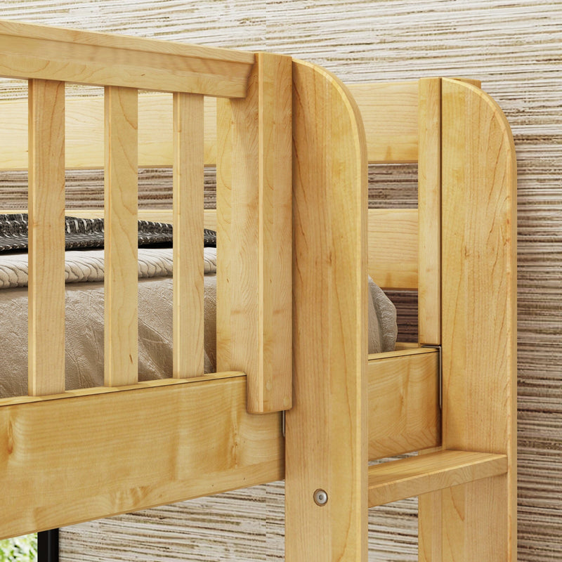 Close-up of solid maple wood bunk bed with slatted safety rails and integrated ladder in a modern children's bedroom