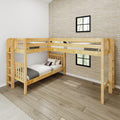 L-shaped natural pine twin-over-twin bunk bed in a modern bedroom, space-saving corner loft with ladder and guardrails, white bedding and wood-plank flooring