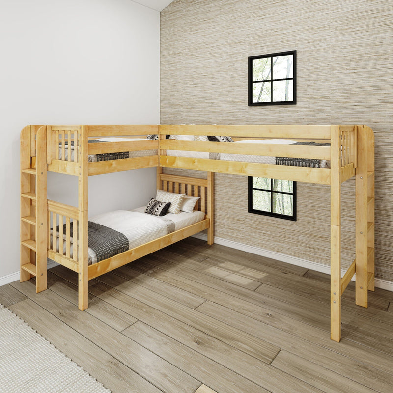 L-shaped natural pine twin-over-twin bunk bed in a modern bedroom, space-saving corner loft with ladder and guardrails, white bedding and wood-plank flooring