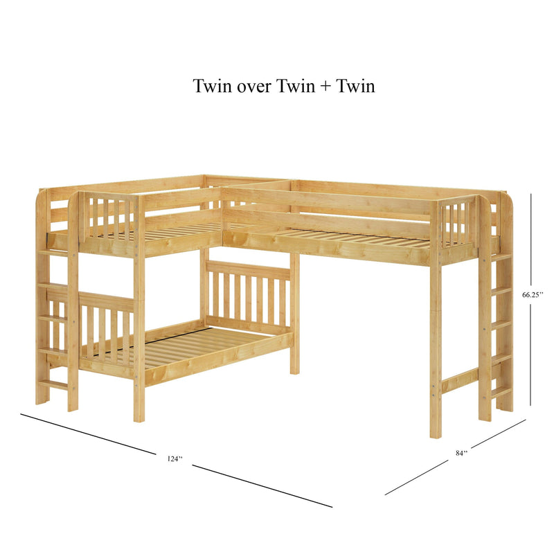 Natural wood L-shaped twin-over-twin plus twin bunk bed with guardrails and ladders, space-saving loft design for kids' bedrooms