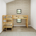 Natural wood loft bunk bed in a small minimalist kids' bedroom, space-saving design with neutral bedding, textured beige accent wall, two black-framed windows and light hardwood floors
