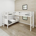White L-shaped wooden bunk bed (twin-over-full) in modern bedroom with ladder, neutral bedding, hardwood floors and textured wallpaper