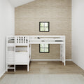 White wooden twin-over-twin loft bunk bed with ladder and guardrails in a minimalist kids' bedroom with hardwood floors, neutral grasscloth accent wall and black-framed windows