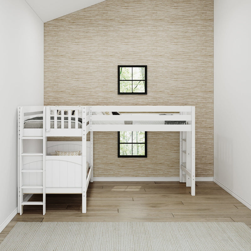 White wooden twin-over-twin loft bunk bed with ladder and guardrails in a minimalist kids' bedroom with hardwood floors, neutral grasscloth accent wall and black-framed windows