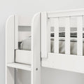 Close-up of a white wooden loft bunk bed with built-in ladder, slatted safety guardrail and mattress, modern children's bedroom furniture