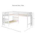 White L-shaped Twin over Twin + Twin bunk bed with ladders, guardrails, slatted solid wood frame, space-saving kids' loft design, 124 in x 84 in x 66.25 in.