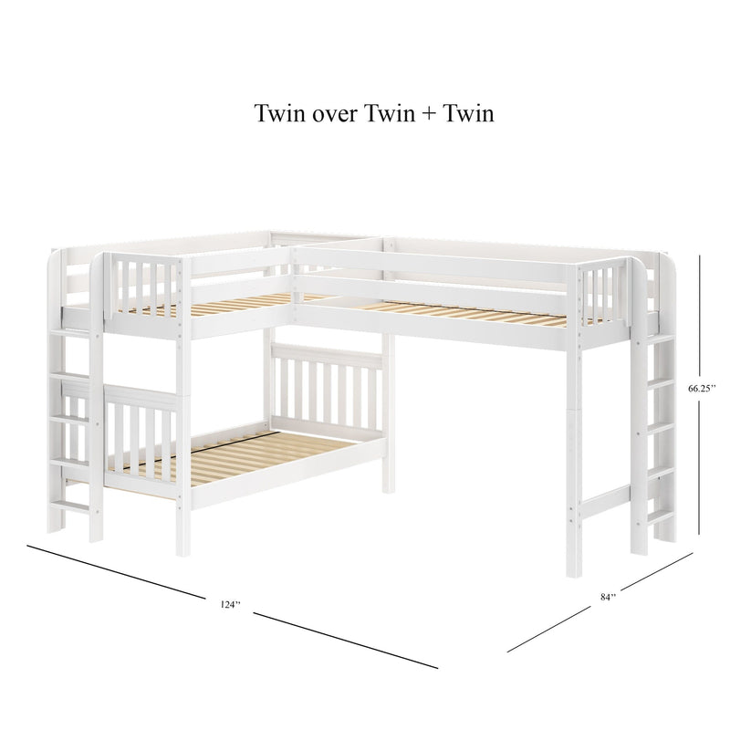 White L-shaped Twin over Twin + Twin bunk bed with ladders, guardrails, slatted solid wood frame, space-saving kids' loft design, 124 in x 84 in x 66.25 in.