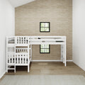 White L-shaped loft bunk bed (twin over twin) in modern children's bedroom with neutral bedding, wood floors, beige textured accent wall and two black-framed windows, space-saving design