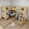 Twin L-shaped natural pine bunk bed with ladder, blue bedding and pillows in a space-saving corner bedroom with jute rug and bean bag