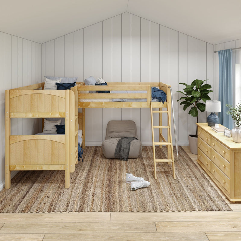 Modern kids' bedroom featuring a light wood bunk loft bed with ladder, braided jute rug, wooden dresser, bean bag chair, blue accents and potted fiddle leaf fig plant