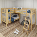 Natural wood L-shaped twin loft bunk bed with ladder in cozy kids' bedroom, navy blue bedding and woven rug