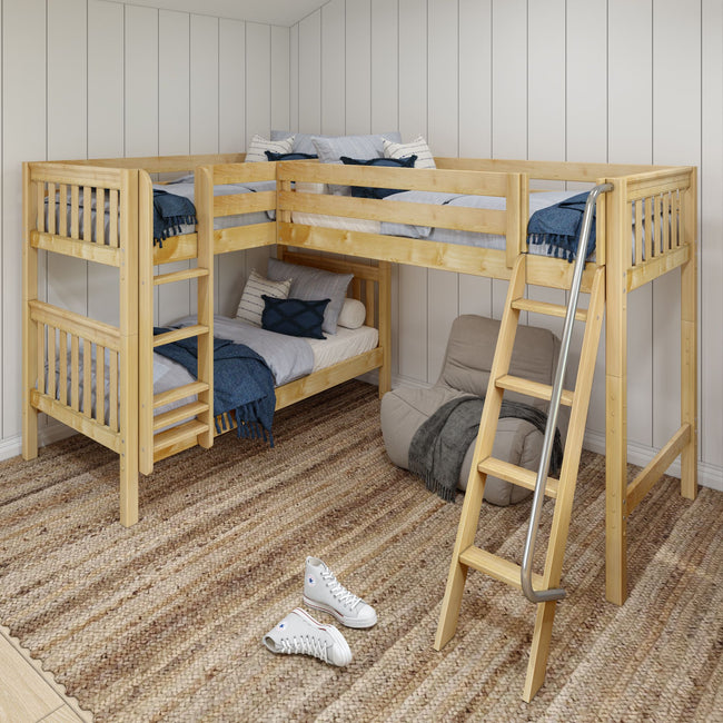 TRIFID NS : Multiple Bunk Beds Twin Medium Corner Loft Bunk Bed with Angled and Straight Ladder, Slat, Natural