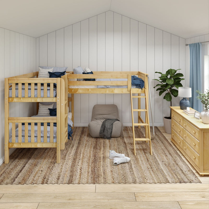 Kids bedroom with natural wood bunk beds and ladder, striped jute rug, wooden dresser, potted fiddle-leaf fig, blue accents