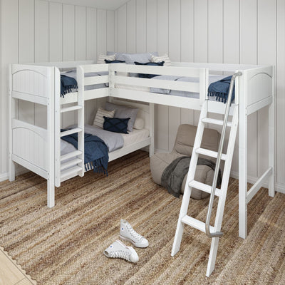 White L-shaped loft bunk bed with ladder, twin-over-twin kids bedroom with navy bedding, jute rug and beanbag chair, space-saving design