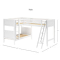White twin-over-twin L-shaped loft bunk bed with slatted wooden platforms, safety guardrails and angled ladder with metal handrail — space-saving kids' bed (122.5" x 80" x 66.75").
