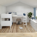 Bright kids bedroom with white loft bunk bed and ladder, shiplap walls, natural jute rug, blue accents, white dresser and potted plant