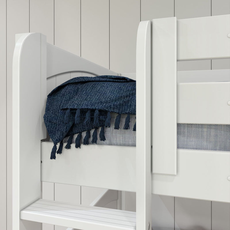 White wooden bunk bed with navy blue tasseled throw blanket, gray mattress and ladder in modern children's bedroom