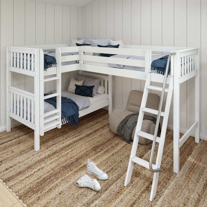 White L-shaped twin loft bunk bed with ladder and guardrails in a kids' bedroom, blue bedding and pillows on a natural jute rug