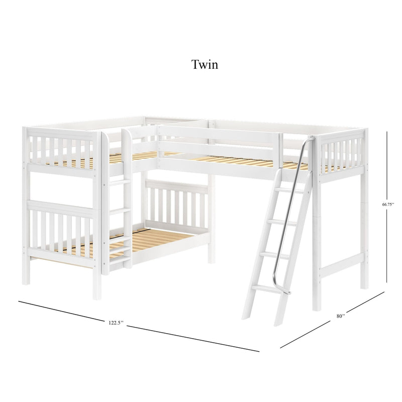 White L-shaped twin-over-twin loft bunk bed with angled ladder and wooden slats, space-saving kids bedroom furniture, 122.5 in × 80 in × 66.75 in