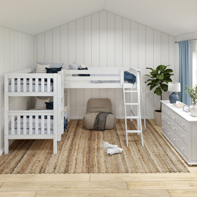 Children's coastal farmhouse bedroom with white L-shaped bunk and loft bed, ladder, beige jute rug, bean bag chair, white dresser, fiddle leaf fig and blue curtains