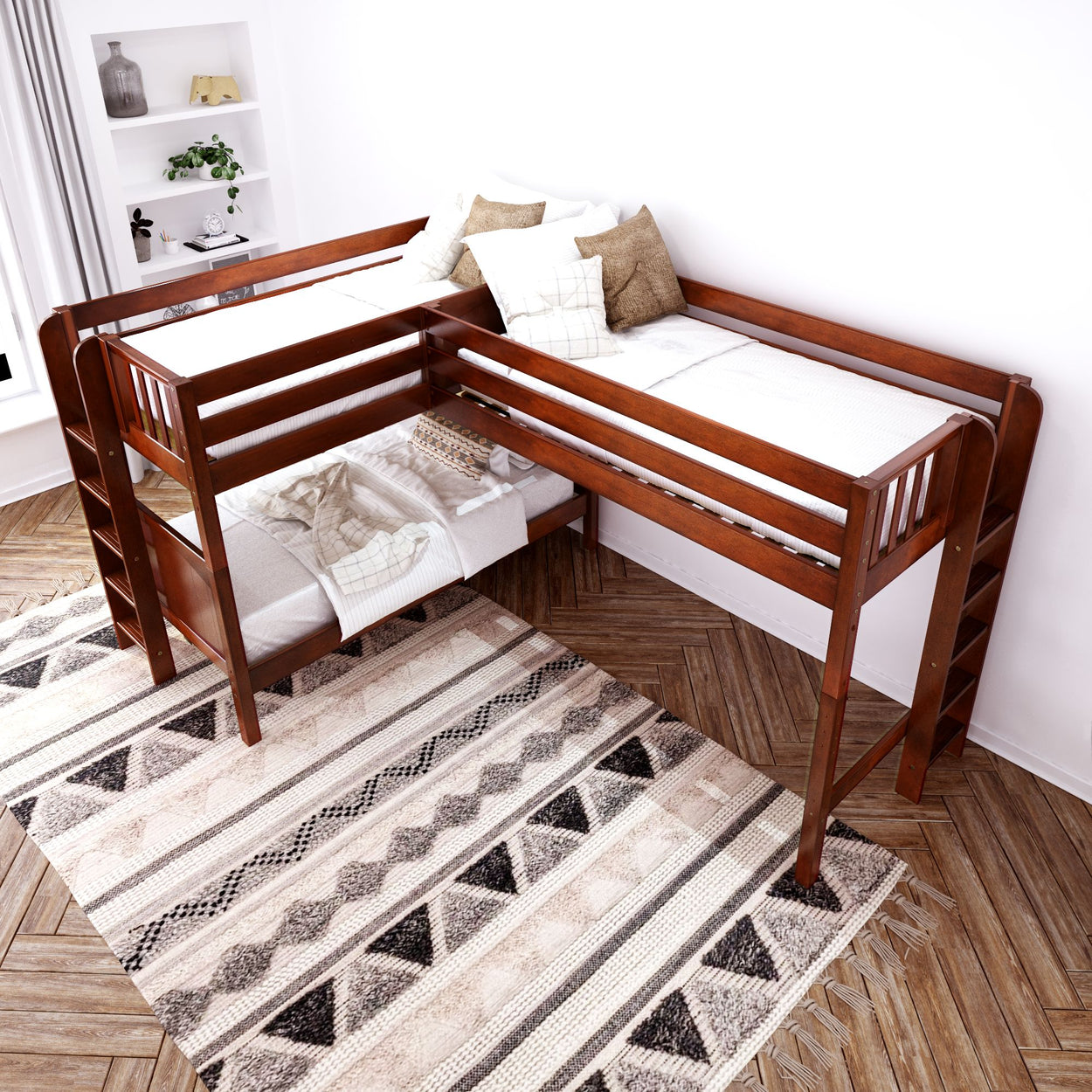 Wooden loft bed with cozy bedding in a stylish bedroom with geometric patterned rug and decorative shelves.