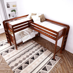 Wooden loft bed with cozy bedding in a stylish bedroom with geometric patterned rug and decorative shelves.