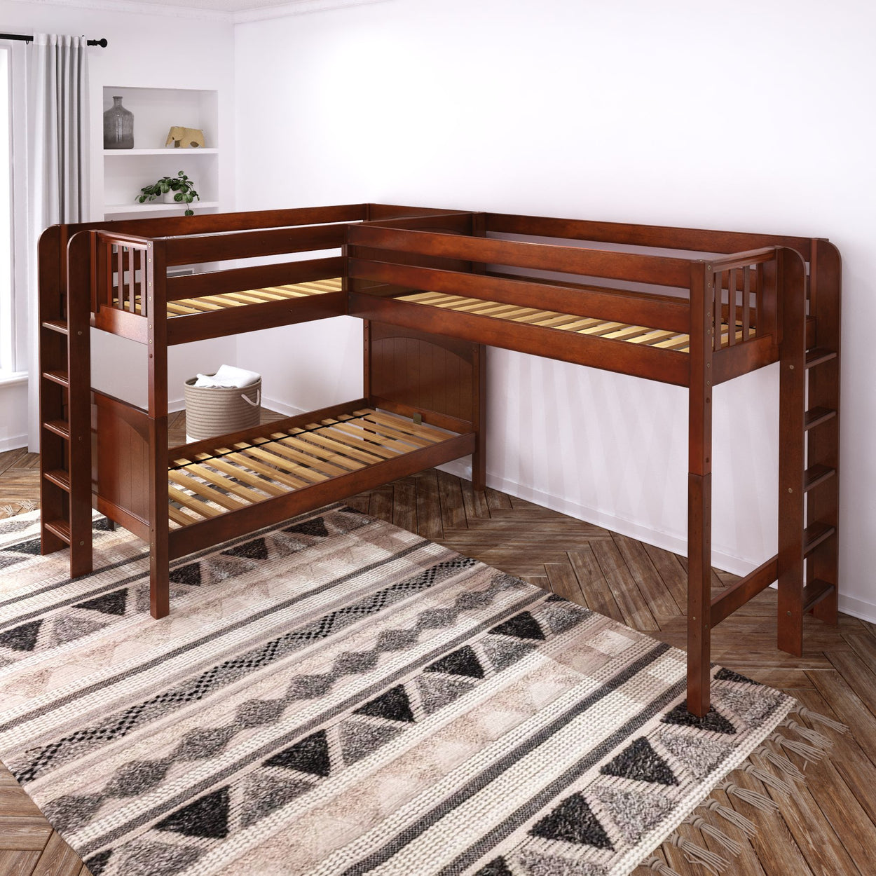 Wooden L-shaped bunk bed with ladder in modern bedroom setting.