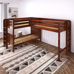 Wooden L-shaped bunk bed with ladder in modern bedroom setting.