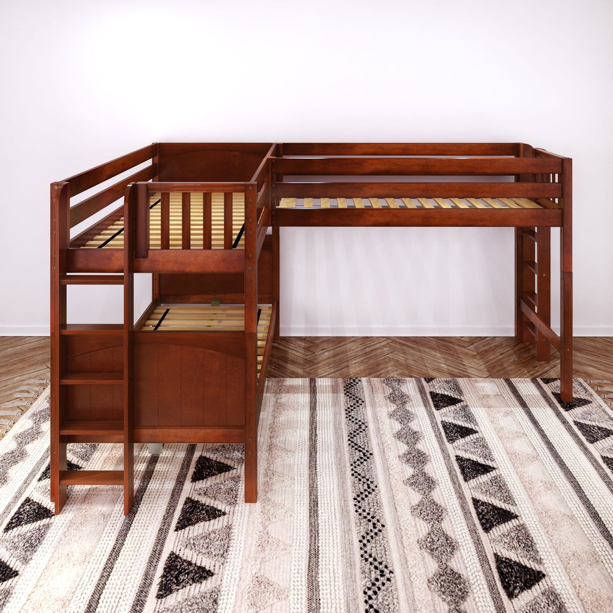 Wooden loft bed frame with ladder on patterned carpet in modern bedroom.