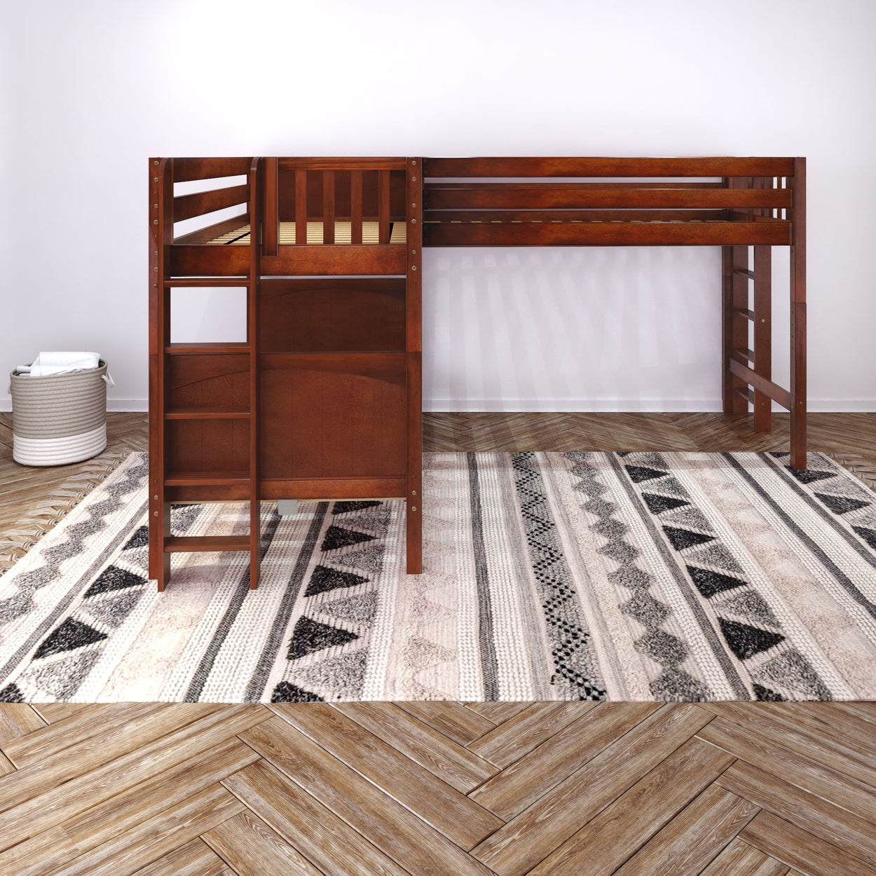 Wooden loft bed with integrated ladder and stylish geometric patterned area rug in a modern room.