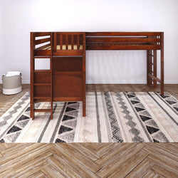 Wooden loft bed with integrated ladder and stylish geometric patterned area rug in a modern room.