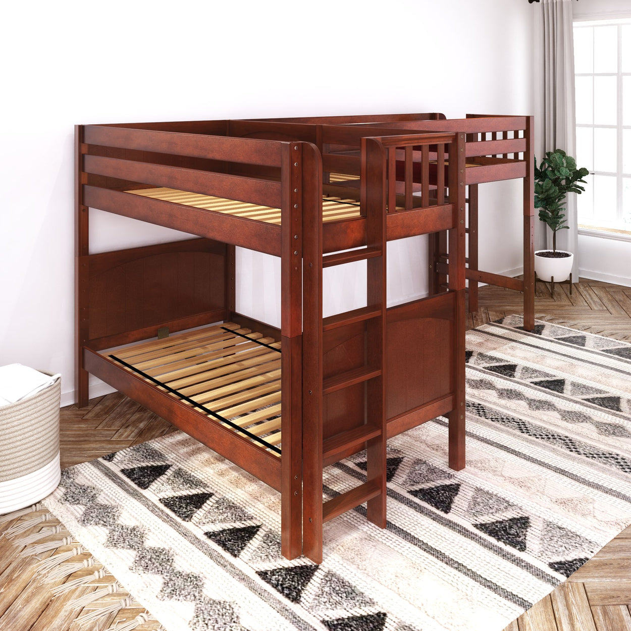 Wooden bunk bed with ladder in a bright bedroom.