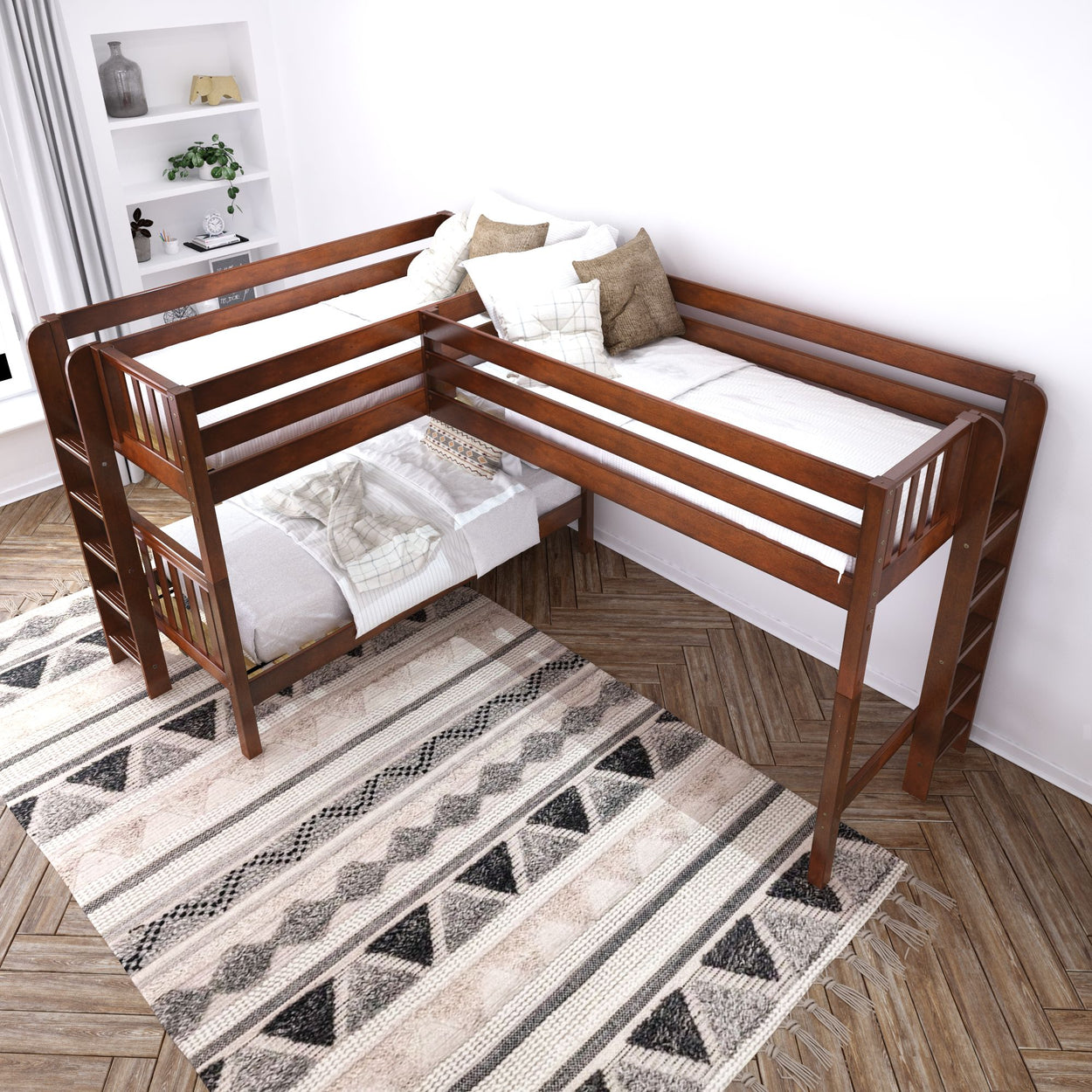 L-shaped wooden bunk bed with ladder in modern bedroom featuring a geometric patterned rug.