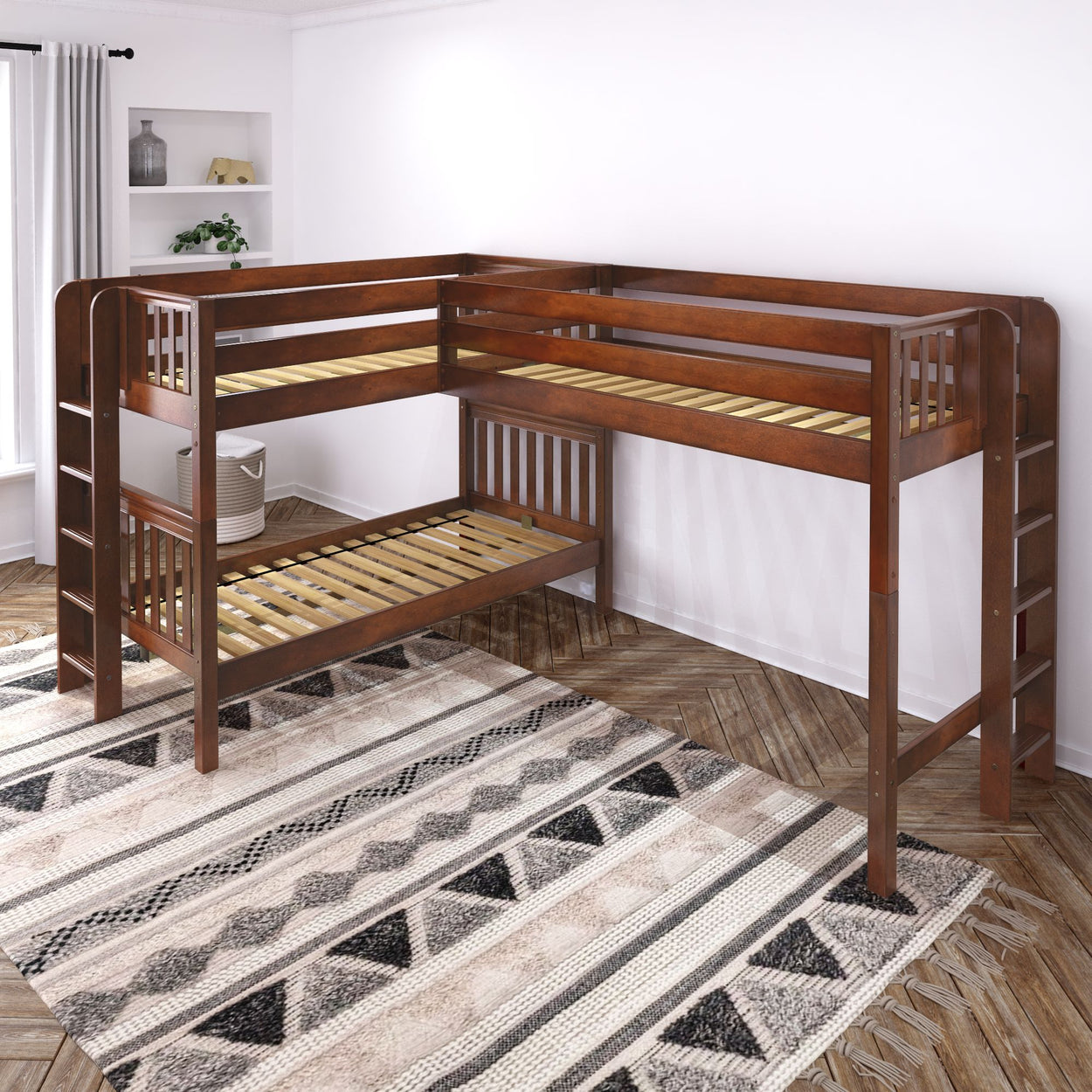 Wooden L-shaped bunk bed with ladder in modern bedroom setting.