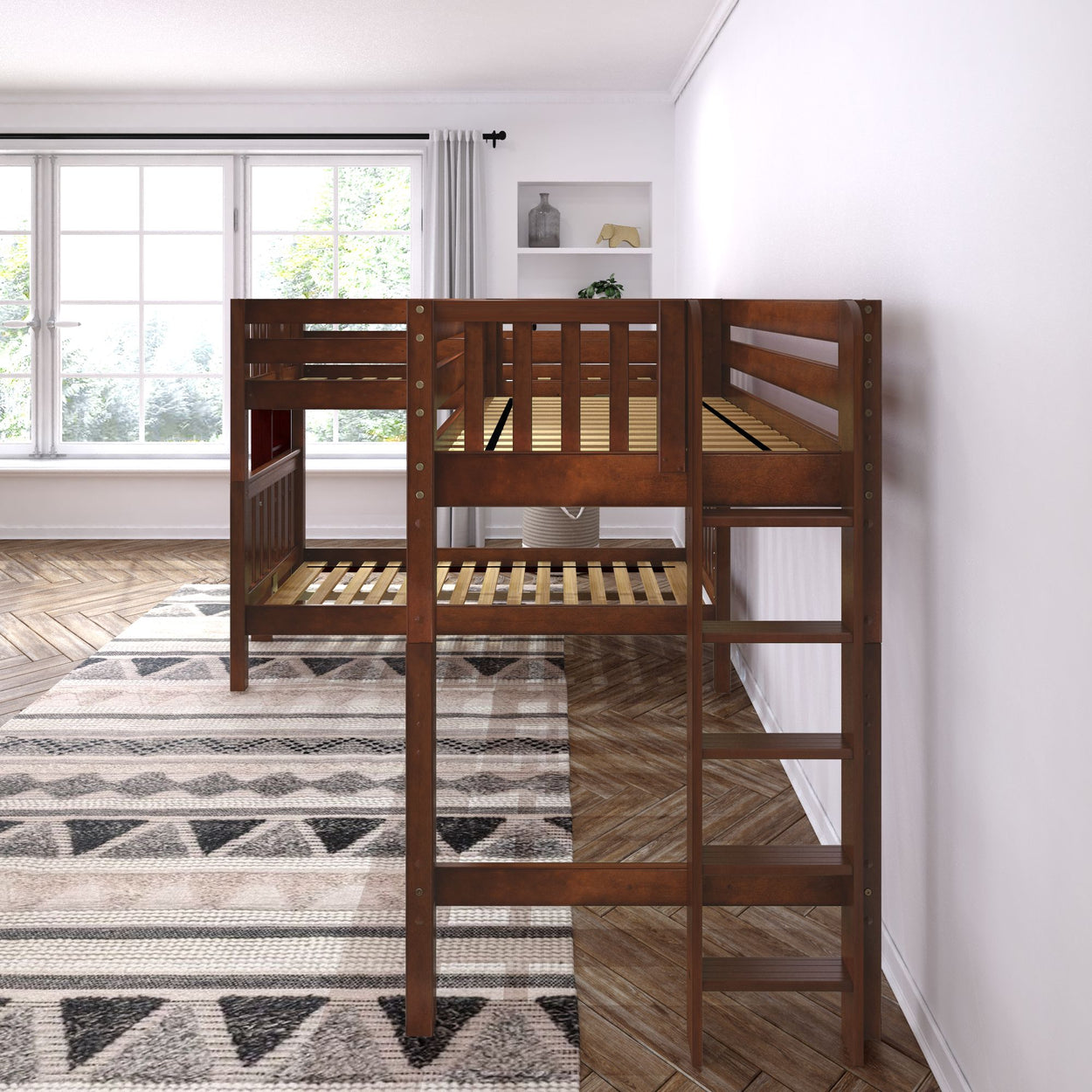 Wooden loft bed with ladder in a bright bedroom featuring large windows and geometric-patterned rug.