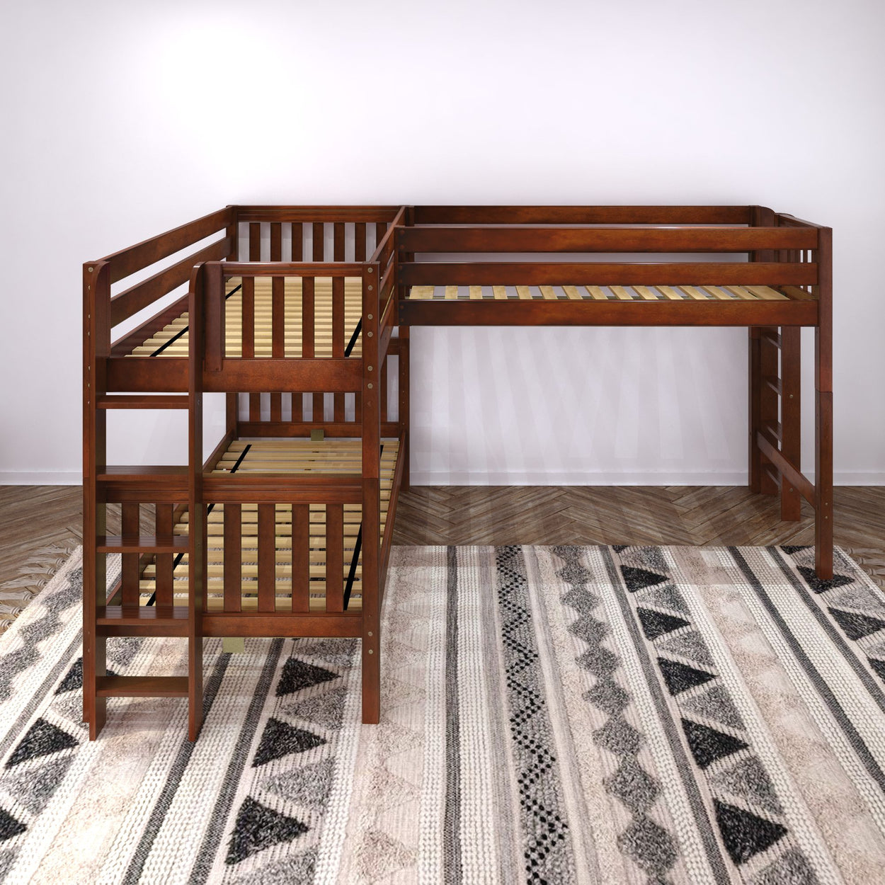 Wooden L-shaped loft bed with stairs and slatted design, ideal for maximizing space in compact bedrooms.