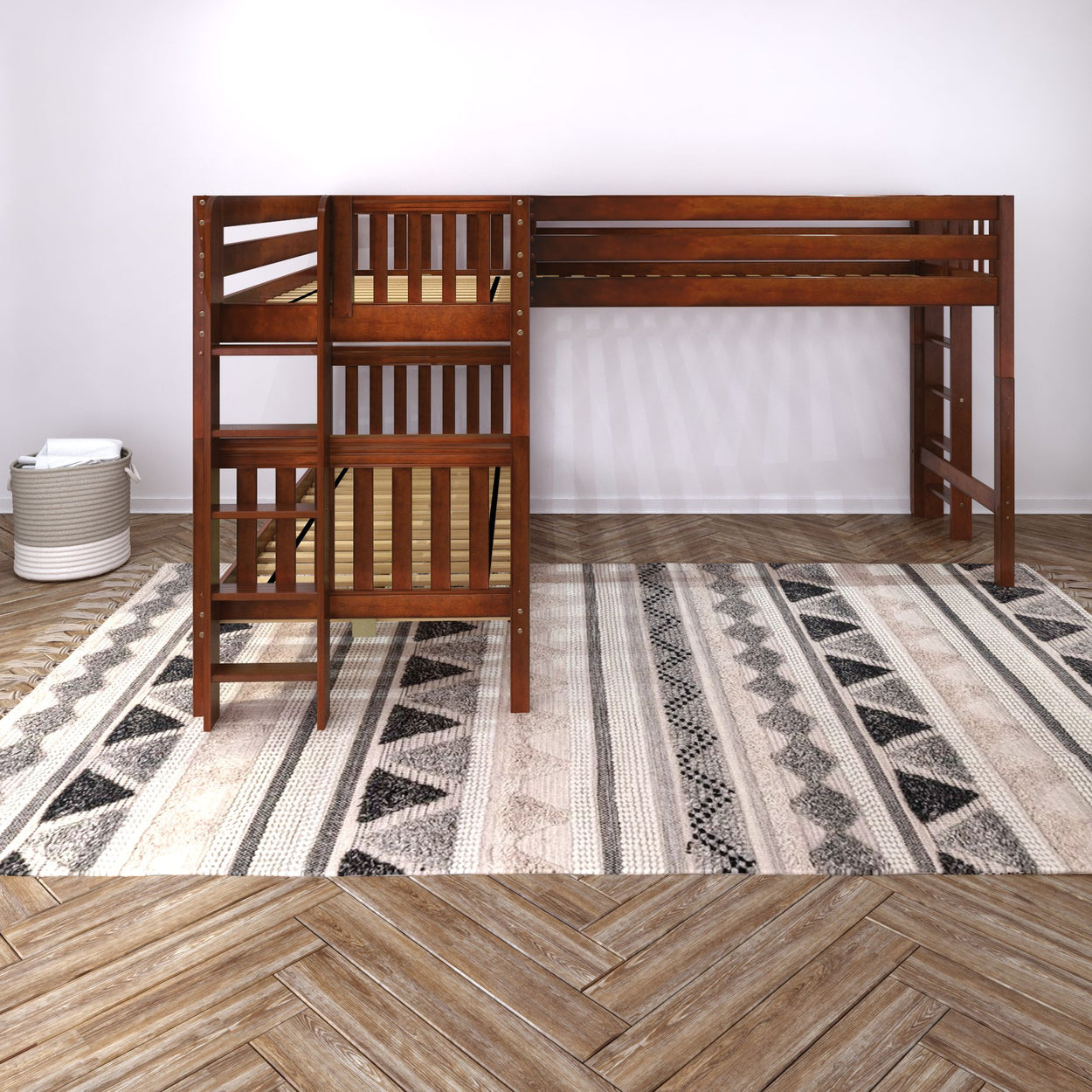 Wooden loft bed with ladder on patterned rug in modern minimalist room.