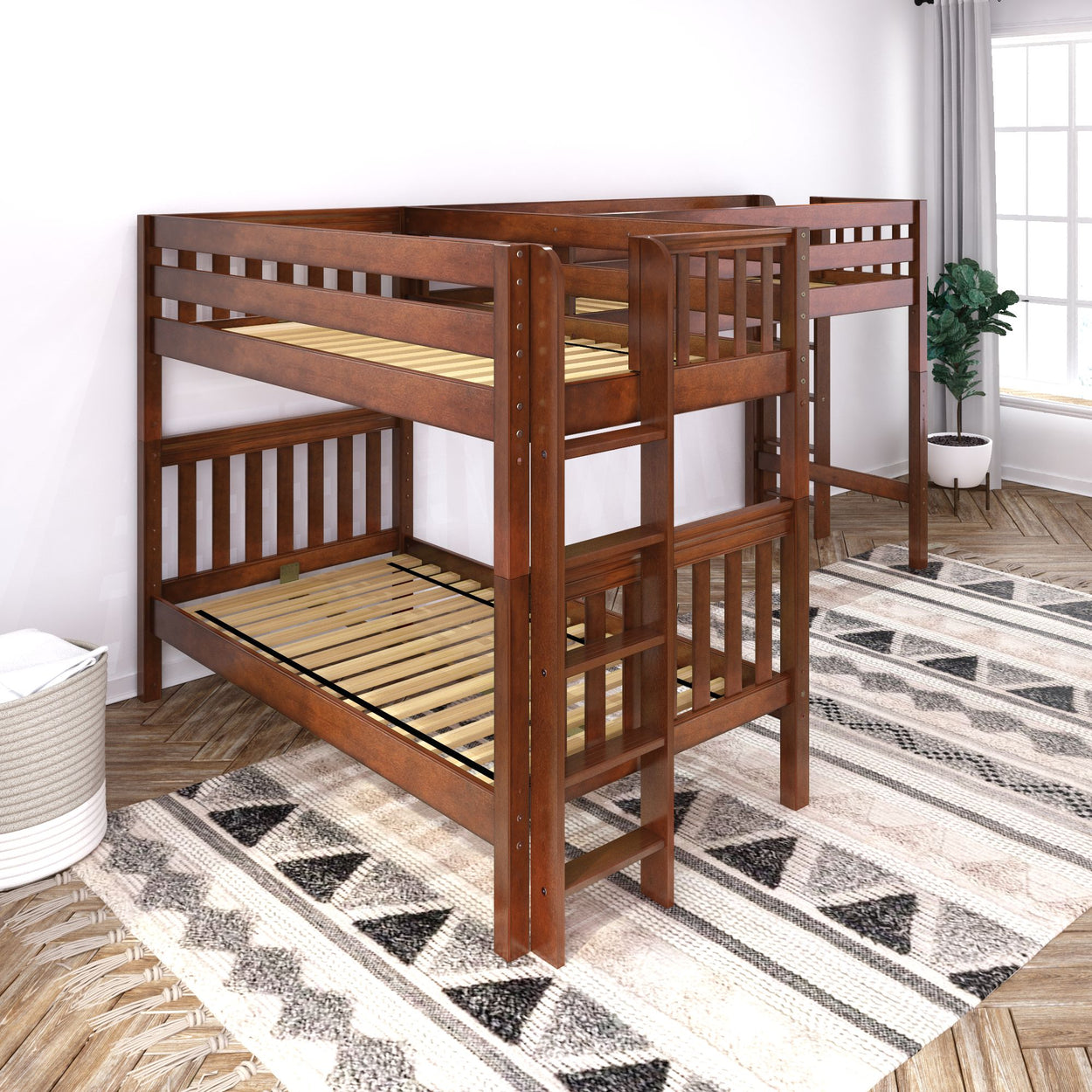 Wooden bunk bed with ladder in bright bedroom with geometric rug and natural light.