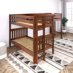 Wooden bunk bed with ladder in bright bedroom with geometric rug and natural light.